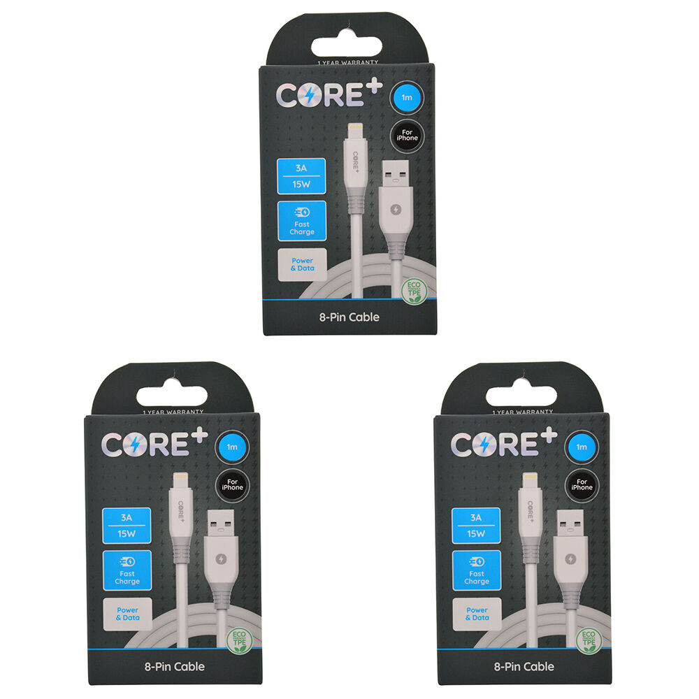 3PK Core+ 8-Pin to USB-A Cable Charging Cord 1m For Apple iPhone 14/13 - White