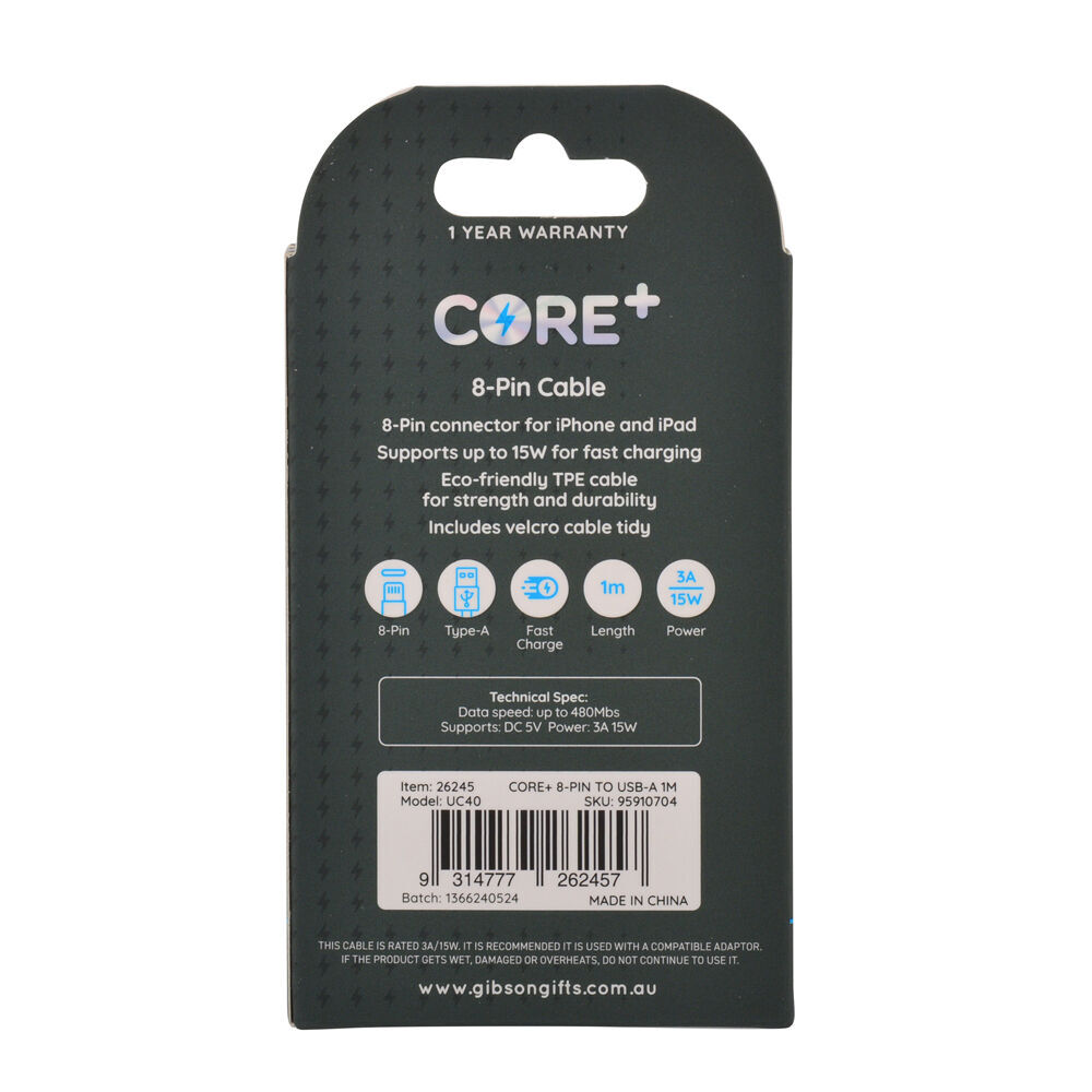 3PK Core+ 8-Pin to USB-A Cable Charging Cord 1m For Apple iPhone 14/13 - White