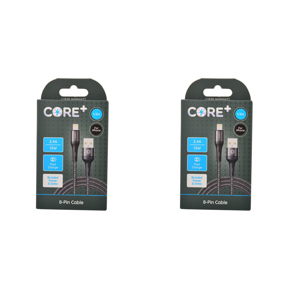 2PK Core+ 8-Pin to USB-A Cable Charging Cord 1.5m For Apple iPhone 14/13 - Grey