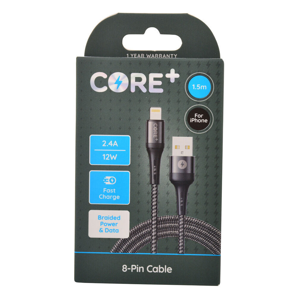 2PK Core+ 8-Pin to USB-A Cable Charging Cord 1.5m For Apple iPhone 14/13 - Grey