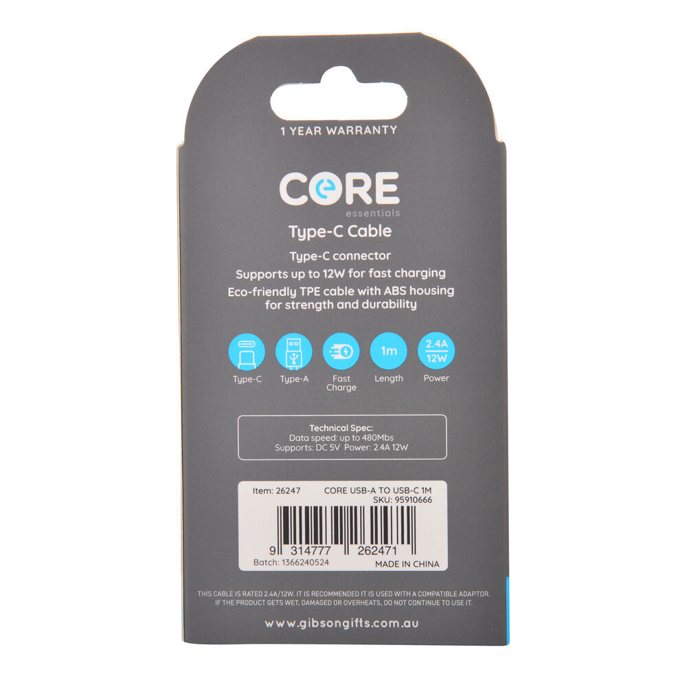 2PK Core USB-A to USB-C Cable Charging Cord 1m For Samsung Galaxy iPhone - White