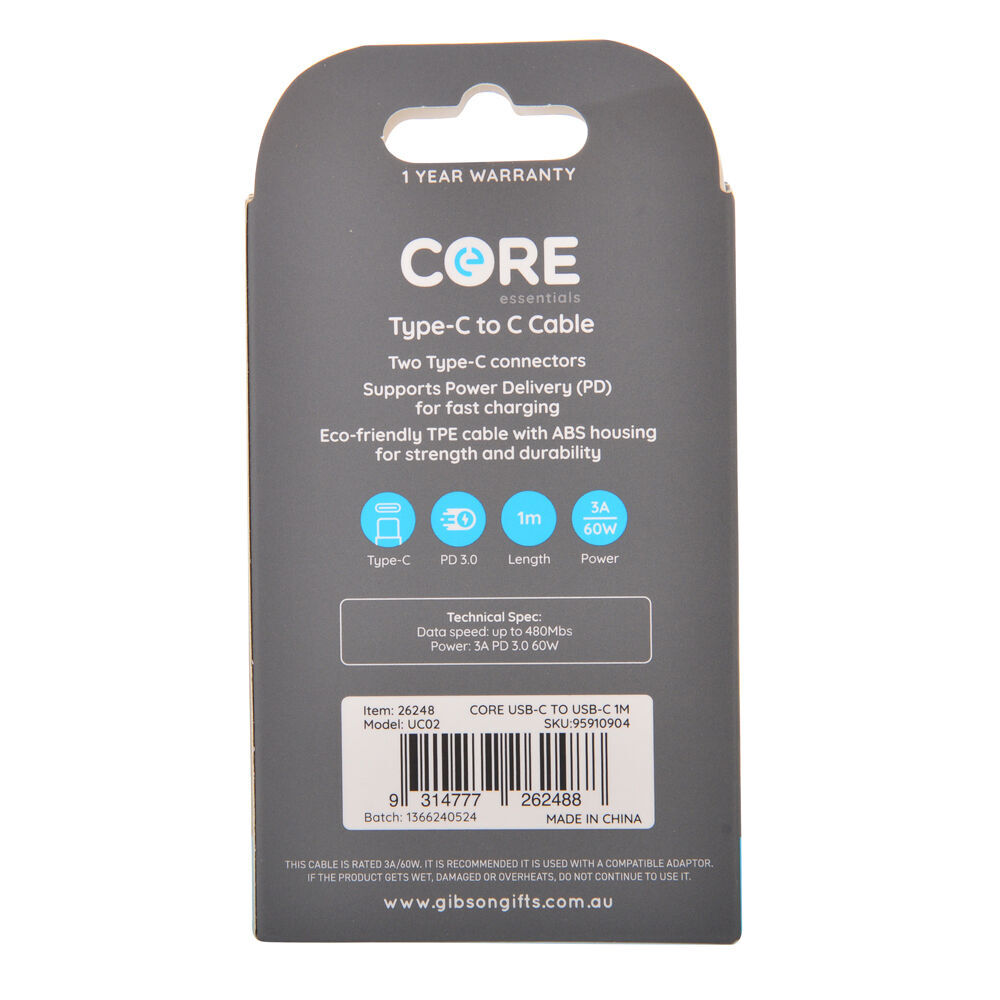 3PK Core USB-C to Type-C Cable Charging Cord 1m For Samsung iPhone - White