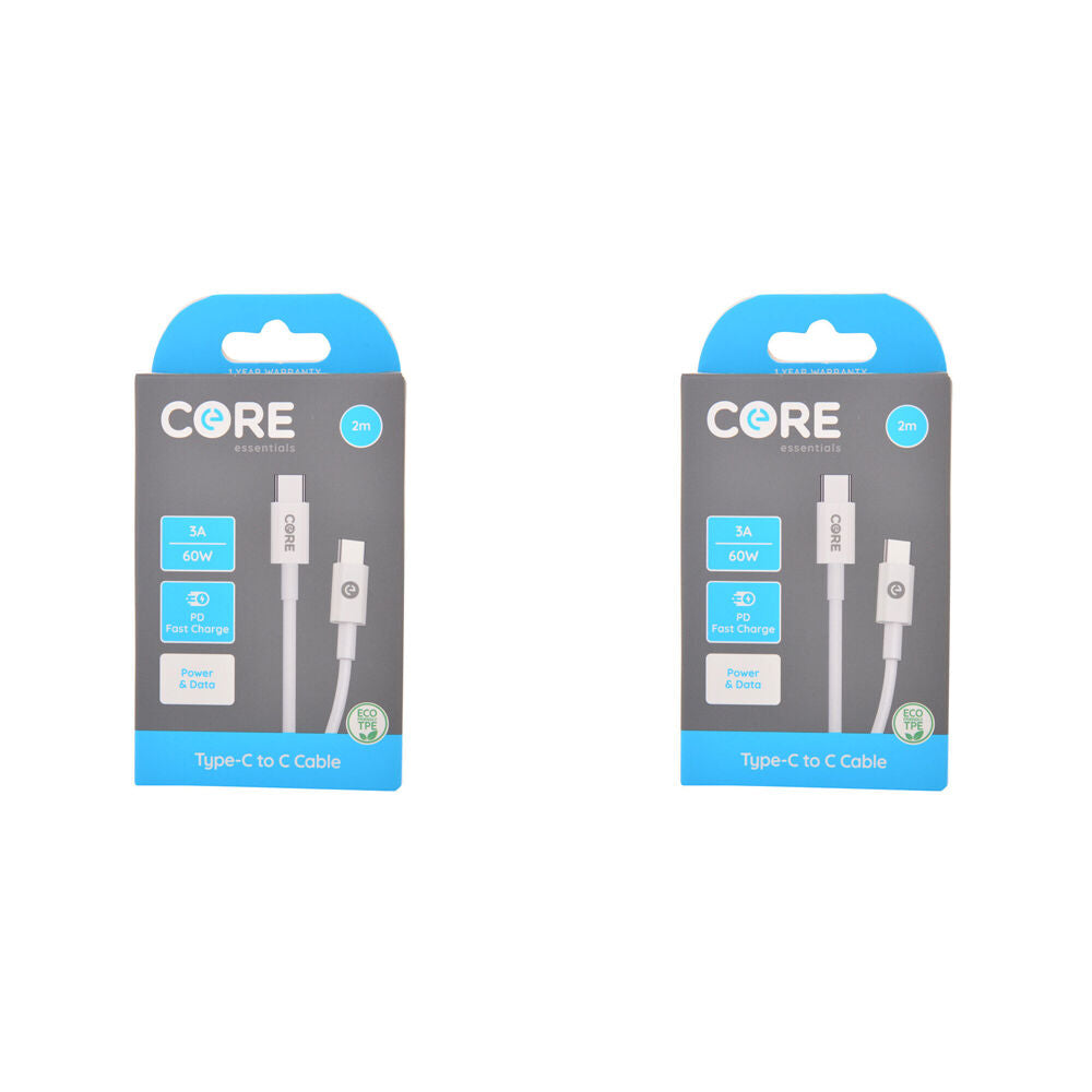 2PK Core USB-C to Type-C Cable Charging Cord 2m For Samsung iPhone - White