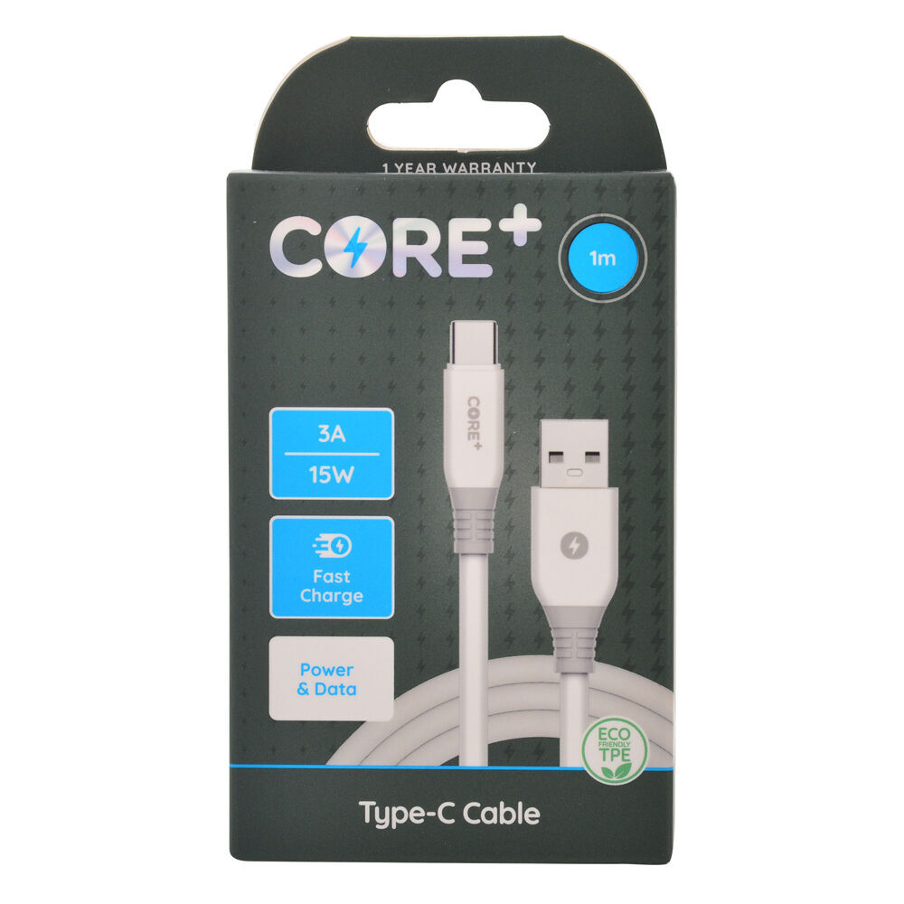 2PK Core+ USB-C to USB-A Cable Charging Cord 1m For Samsung Galaxy iPhone White
