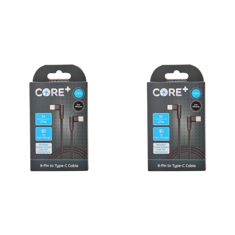 2PK Core+ 90D 8-Pin to USB-C Cable Charging Cord 1.5m For iPhone 14/13 - Black
