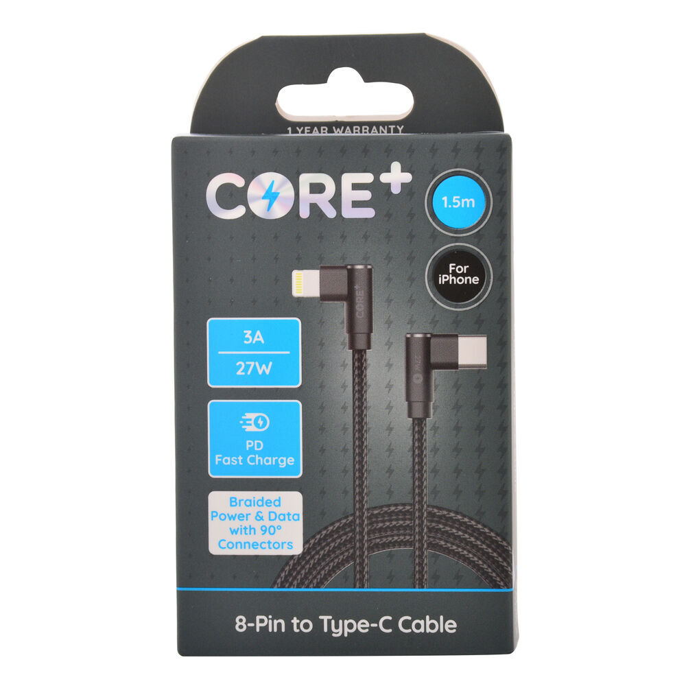 2PK Core+ 90D 8-Pin to USB-C Cable Charging Cord 1.5m For iPhone 14/13 - Black