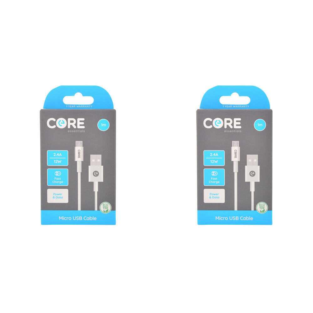 2PK Core Essentials USB-A to Micro USB Cable Charging Cord 1m - White