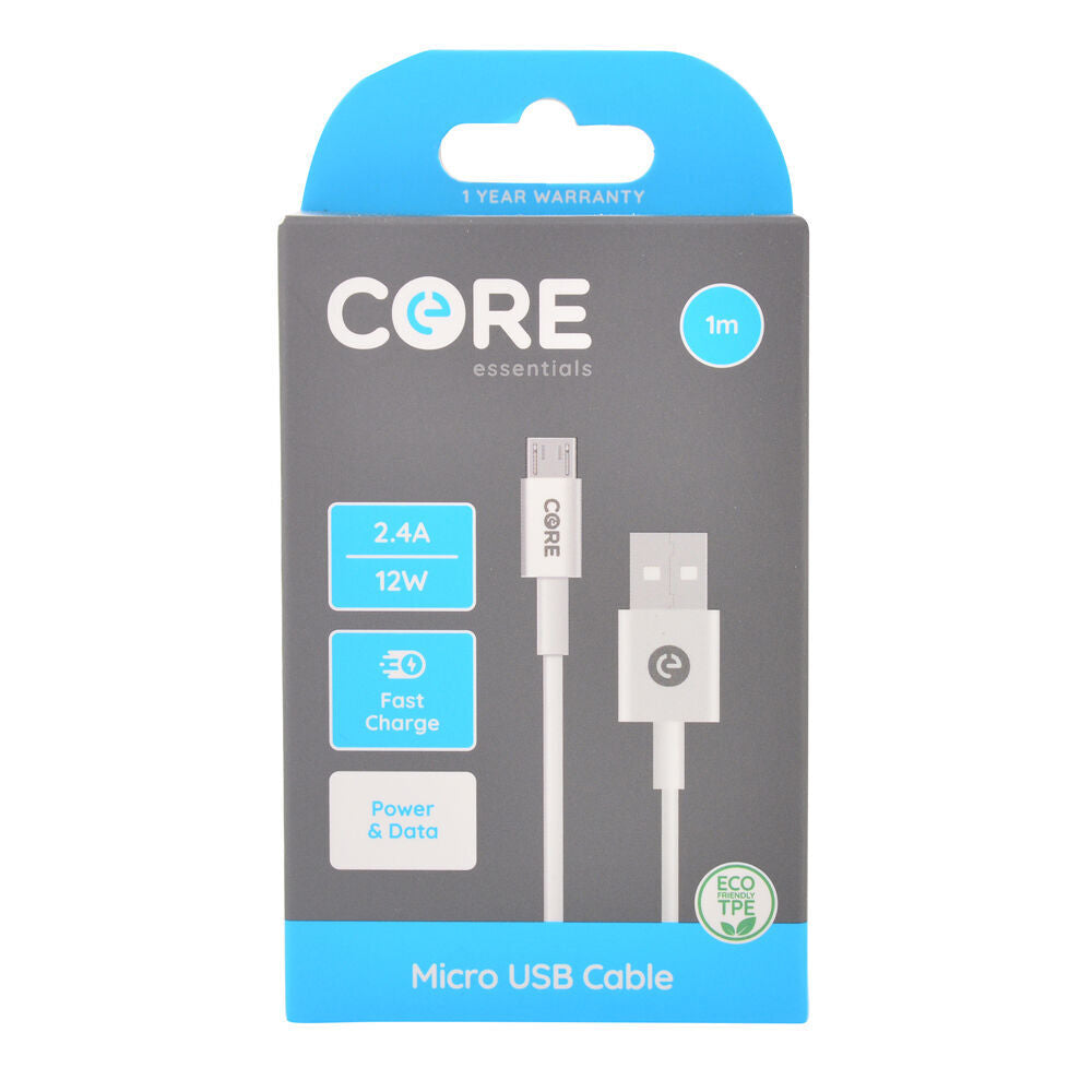 2PK Core Essentials USB-A to Micro USB Cable Charging Cord 1m - White