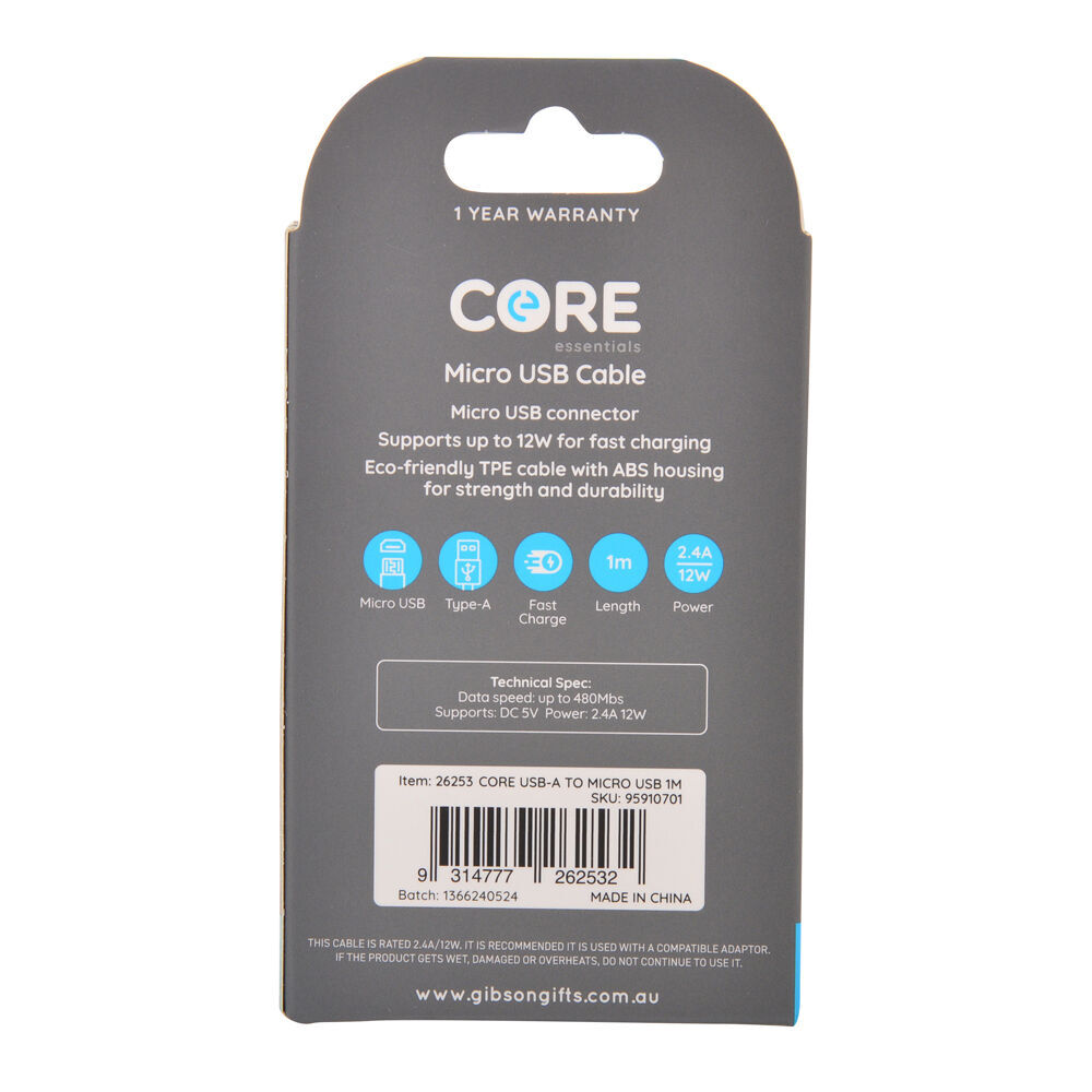 4PK Core Essentials USB-A to Micro USB Cable Charging Cord 1m - White
