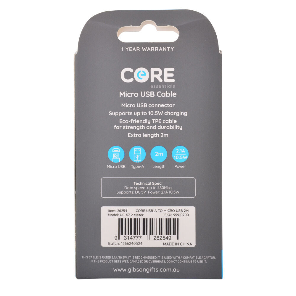 4PK Core Essentials USB-A to Micro USB Cable Charging Cord 2m - White