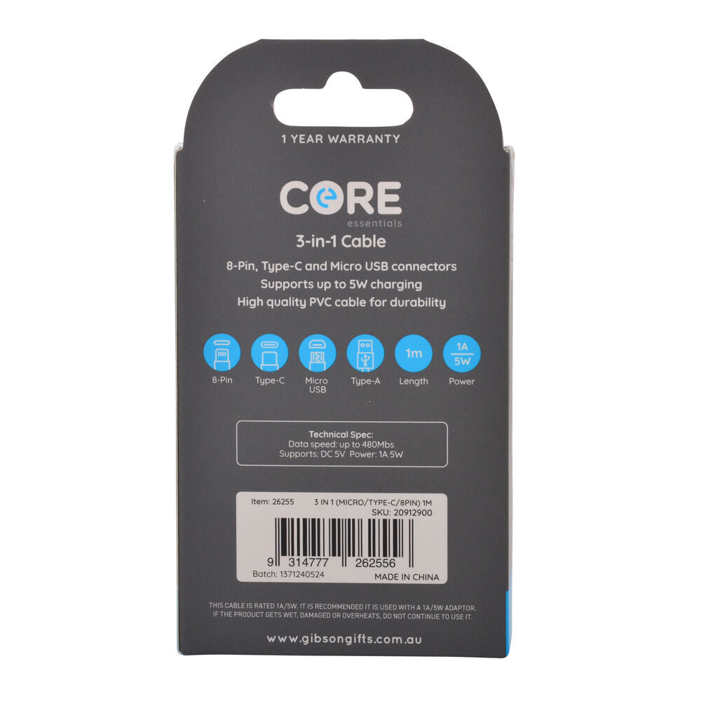 2PK Core 3in1 Micro USB-C to 8-Pin Cable Charging Cord 1m For iPhone/Samsung WHT