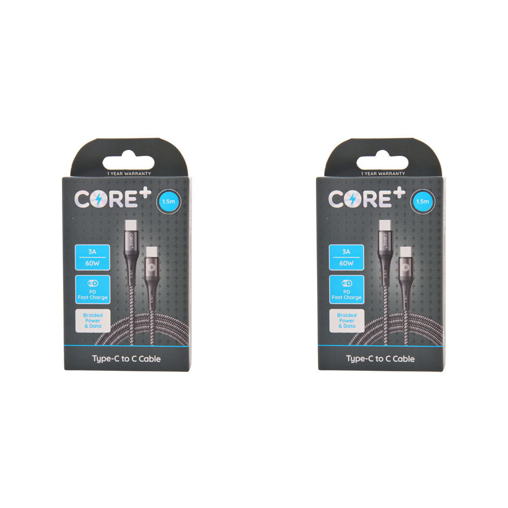 2PK Core+ USB-C to Type C Braided Charging Cable 1.5m For Samsung iPhone - Grey