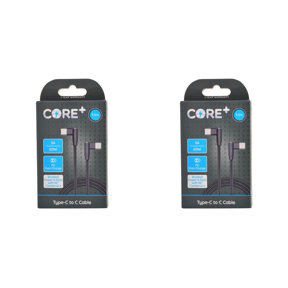 2PK Core 90-Degrees Type-C Charging Cable Data Cord 60W/1.5m - Black