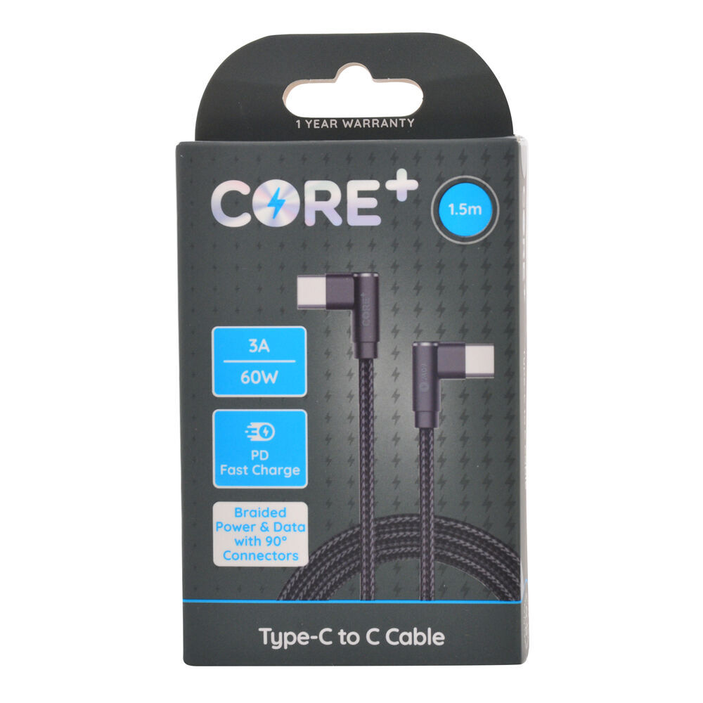 2PK Core 90-Degrees Type-C Charging Cable Data Cord 60W/1.5m - Black