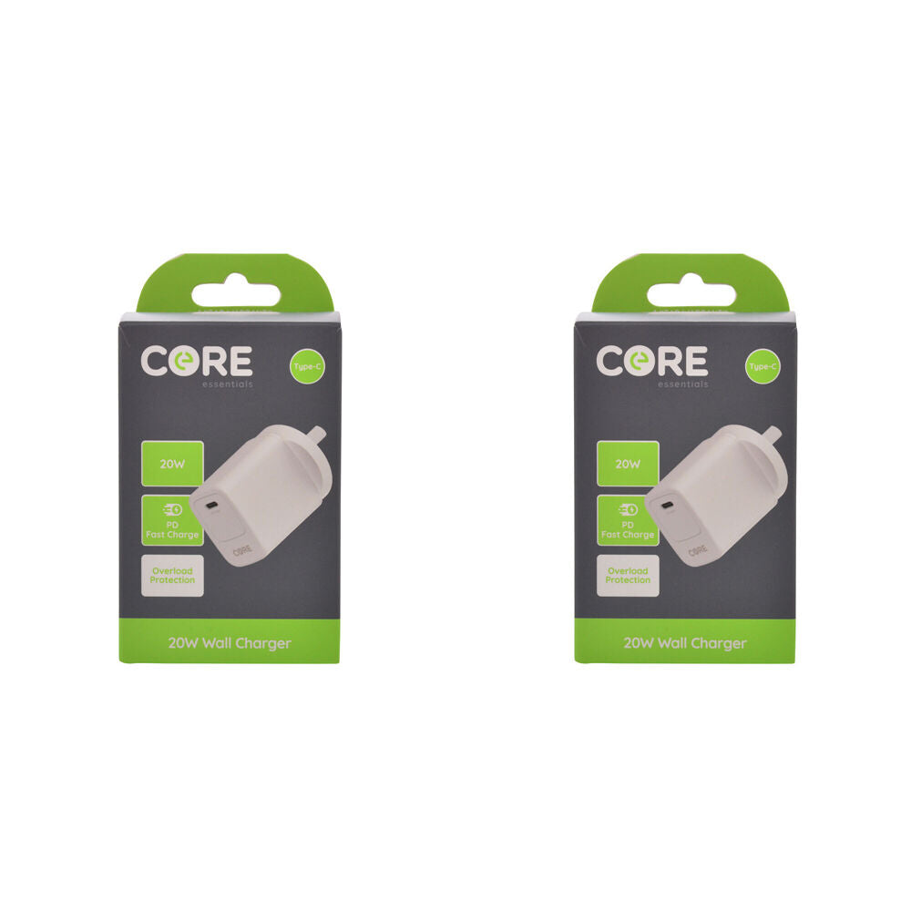 2PK Core USB-C Port Phone Wall Charger Adapter 20W - White