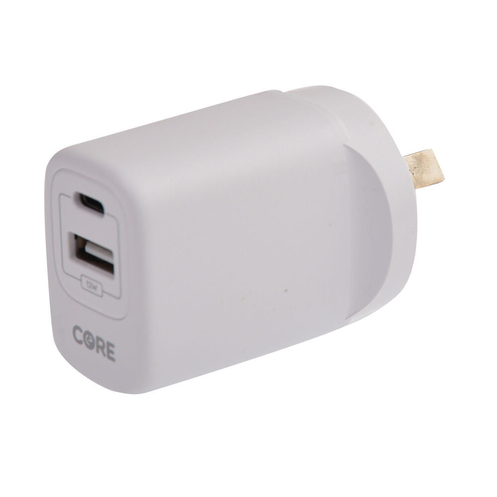 2PK Core Type-C/USB-A Dual Port Wall Charger Adapter 12W - White