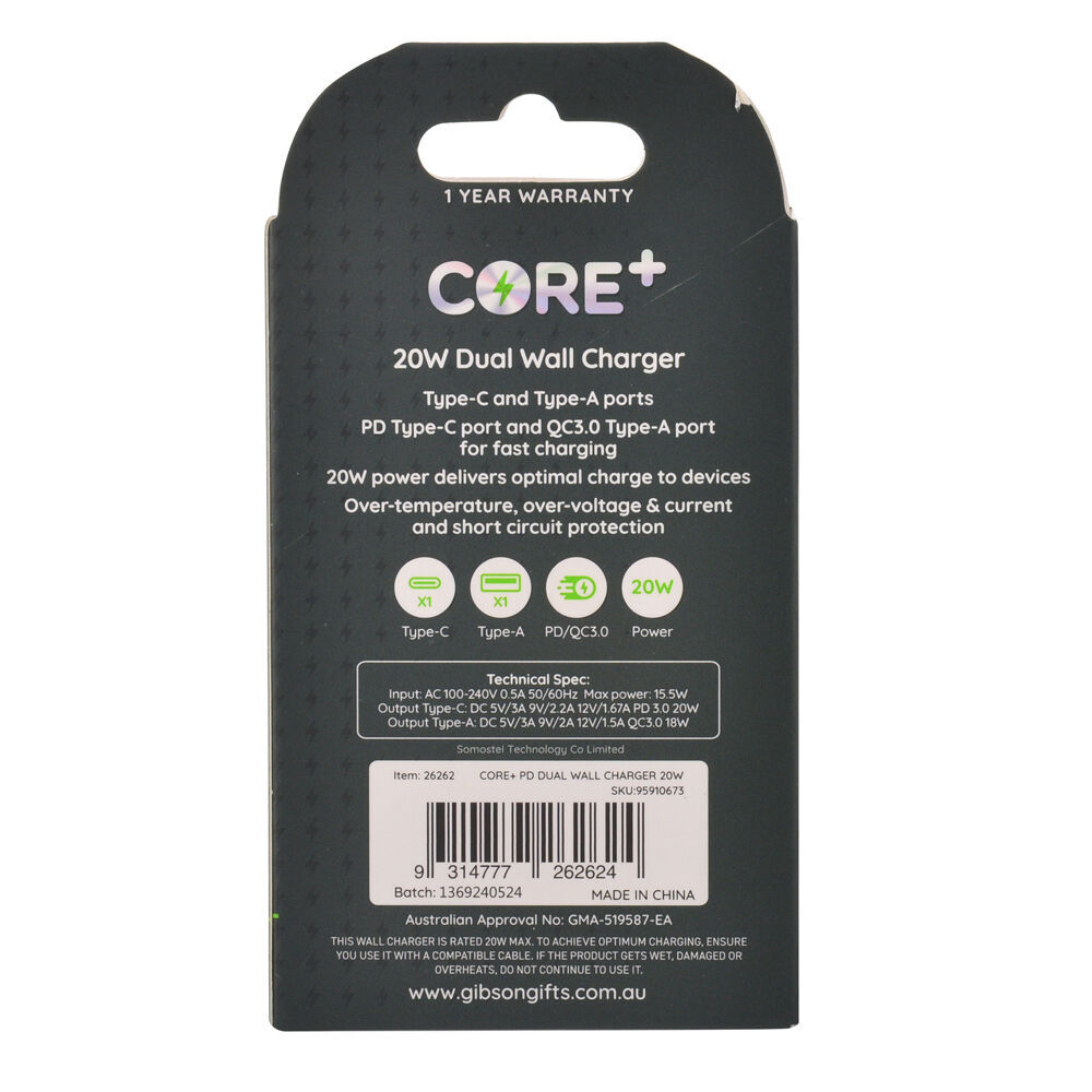 2PK Core Type-C/USB-A Dual Port Wall Charger 20W - White