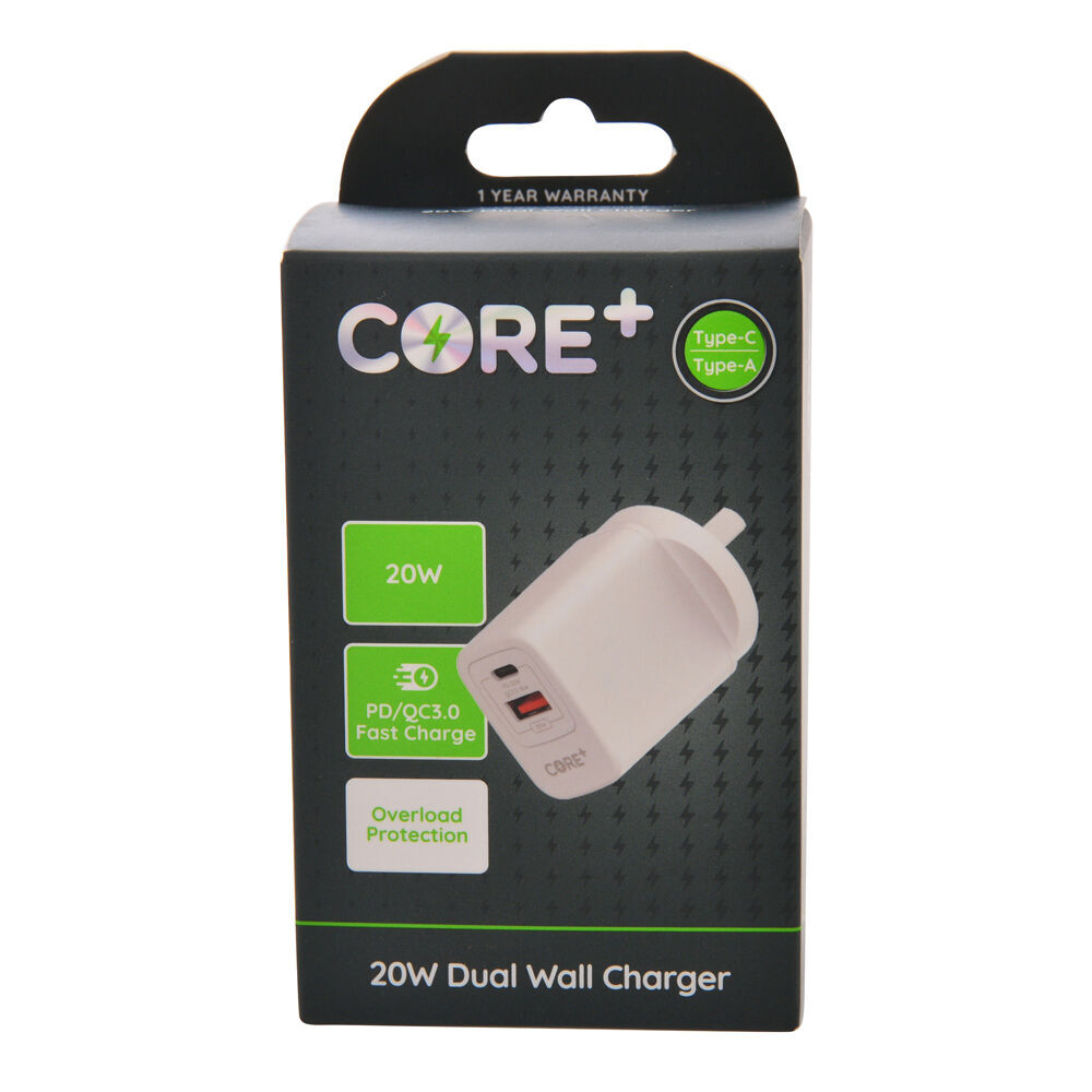 2PK Core Type-C/USB-A Dual Port Wall Charger 20W - White