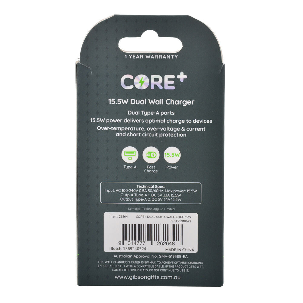 2PK Core Type-A Dual Port Wall Charger Adapter 15.5W - White