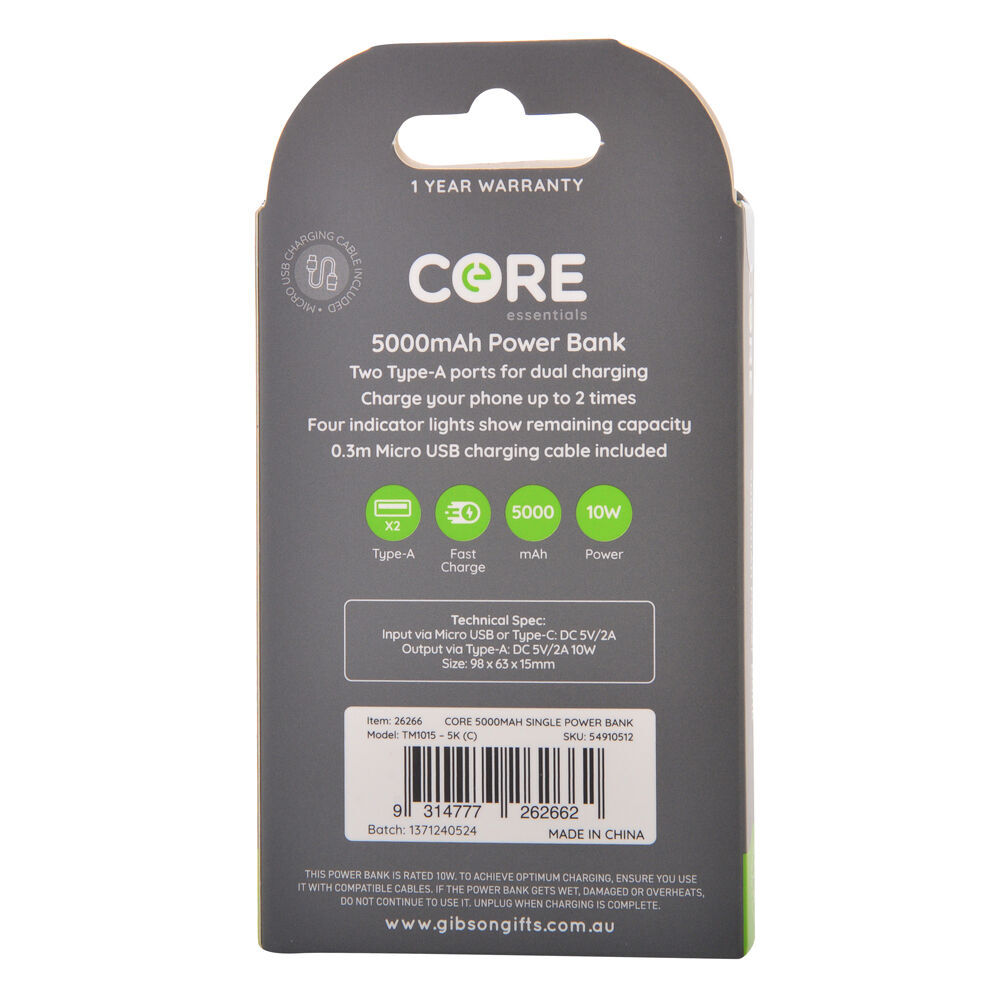 2PK Core Essentials USB-A 5000mAh Power Bank 10W - Black