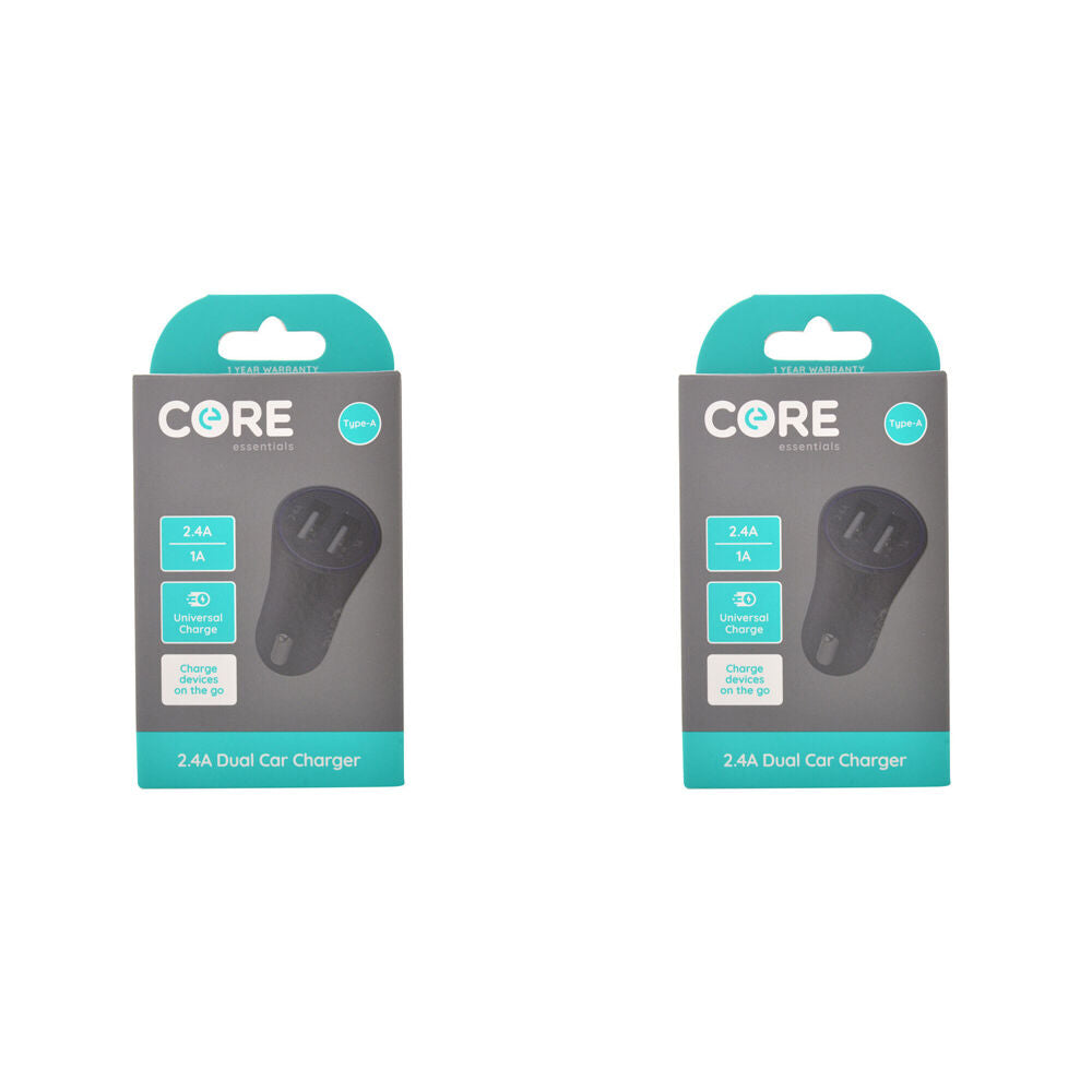 2PK Core Essentials Type-A Dual Port Car Charger 2.4A/1A - Black