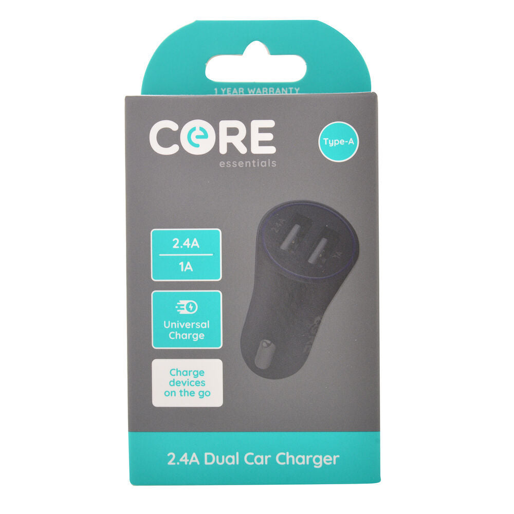 2PK Core Essentials Type-A Dual Port Car Charger 2.4A/1A - Black