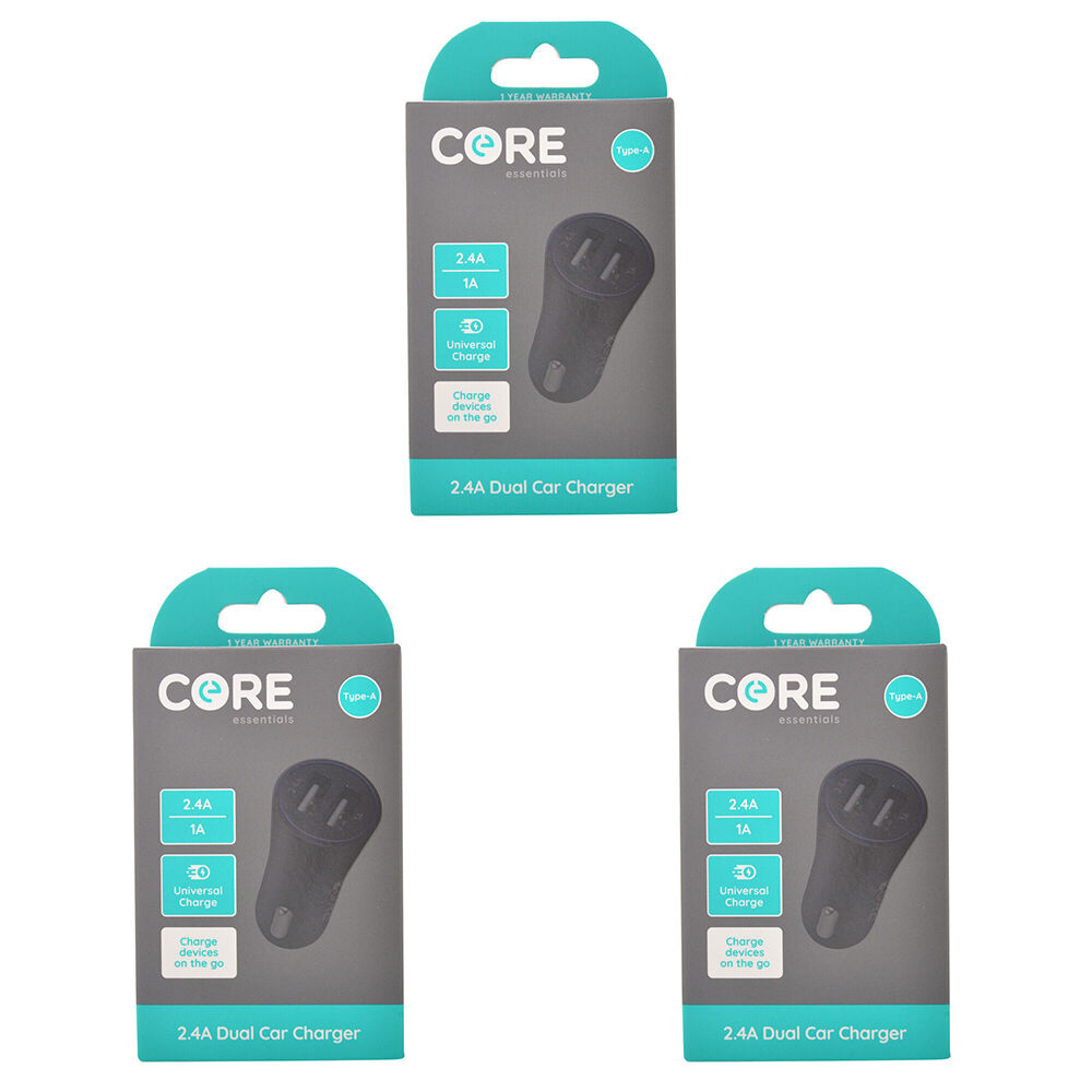 3PK Core Essentials Type-A Dual Port Car Charger 2.4A/1A - Black