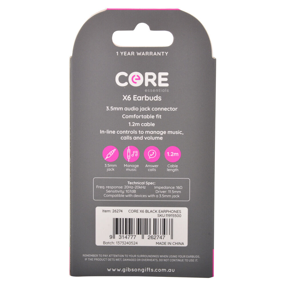 2PK Core Essentials 3.5mm X6 Earphones/Earbuds In-Ear Wired w/ Mic - Black