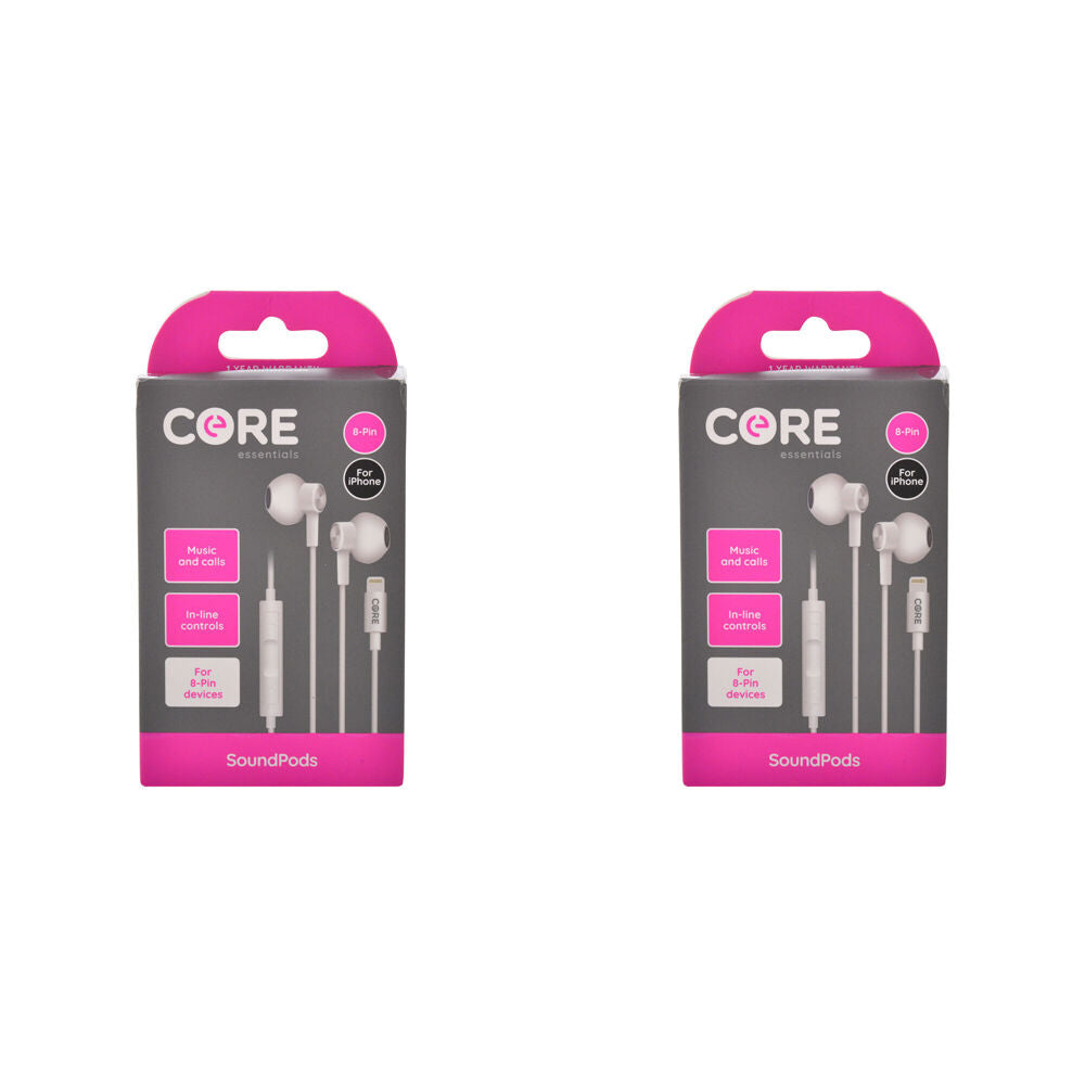 2PK Core Essentials 8-Pin SoundPods/Earphones In-Ear Wired w/ Mic - White