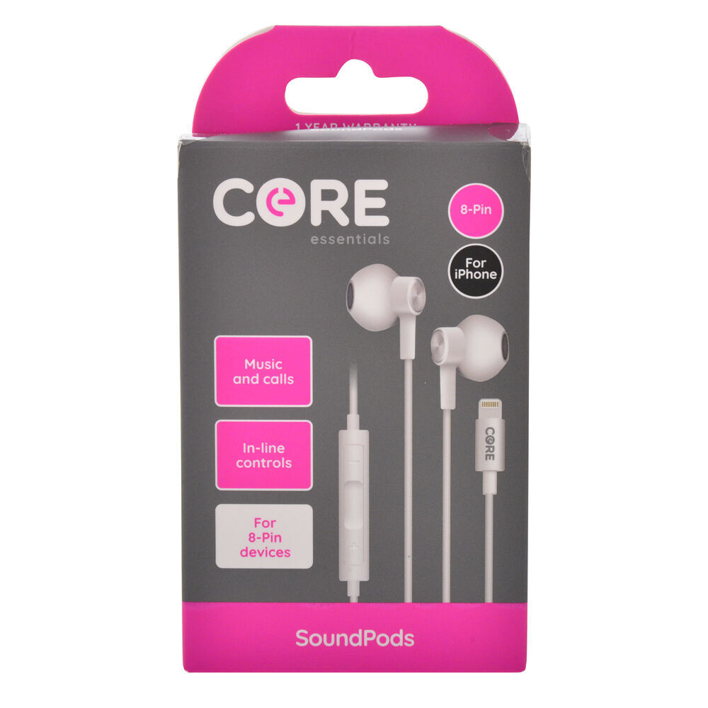 2PK Core Essentials 8-Pin SoundPods/Earphones In-Ear Wired w/ Mic - White