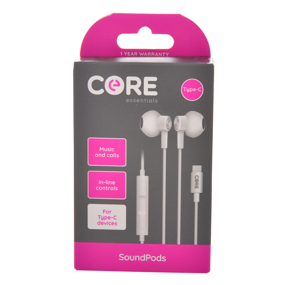 2PK Core Essentials USB-C Soundpods/Earphones Wired w/ Mic - White