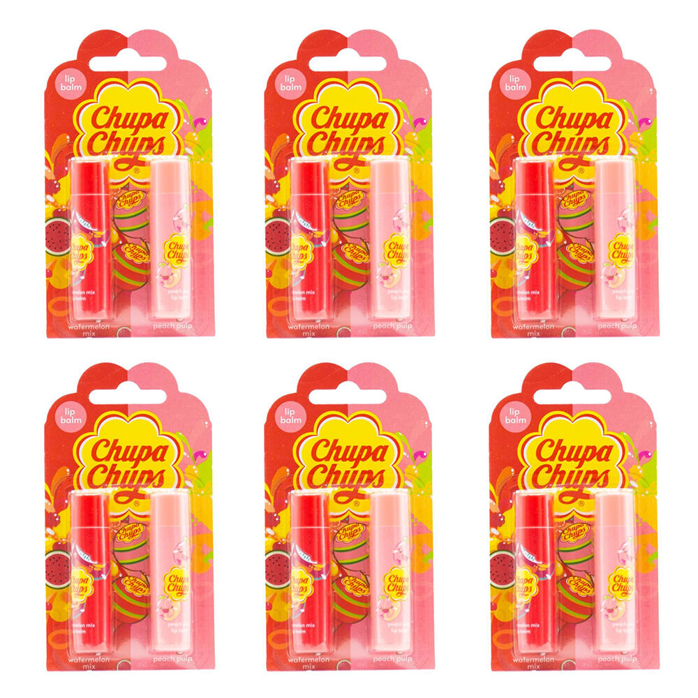 6x 2pc Chupa Chups Lip Balm - Watermelon Mix & Peach Pulp