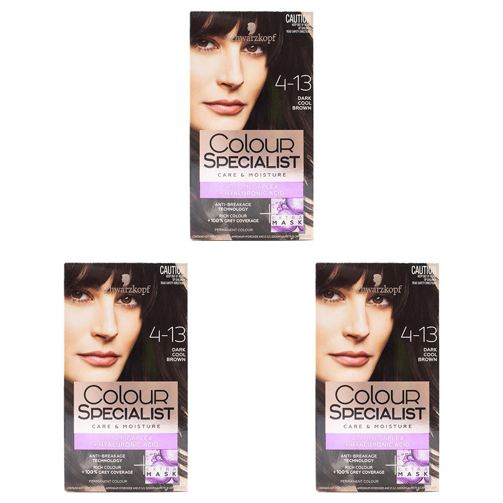 3PK Schwarzkopf Permanent Colour Specialist Care & Moisture Dark Cool Brown 4.13