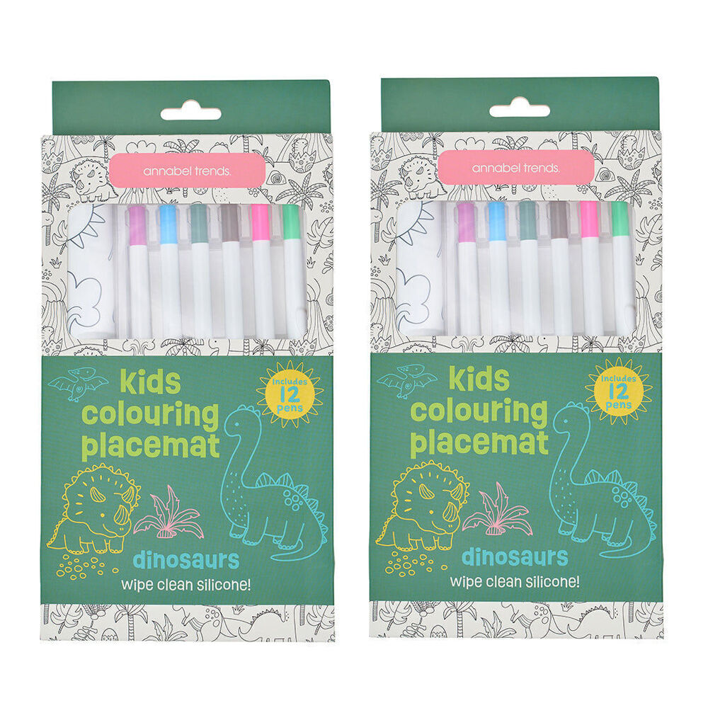 2PK Annabel Trends Silicone Mat w/ Colouring Pens Kids Art 37.5cm Dinosaur
