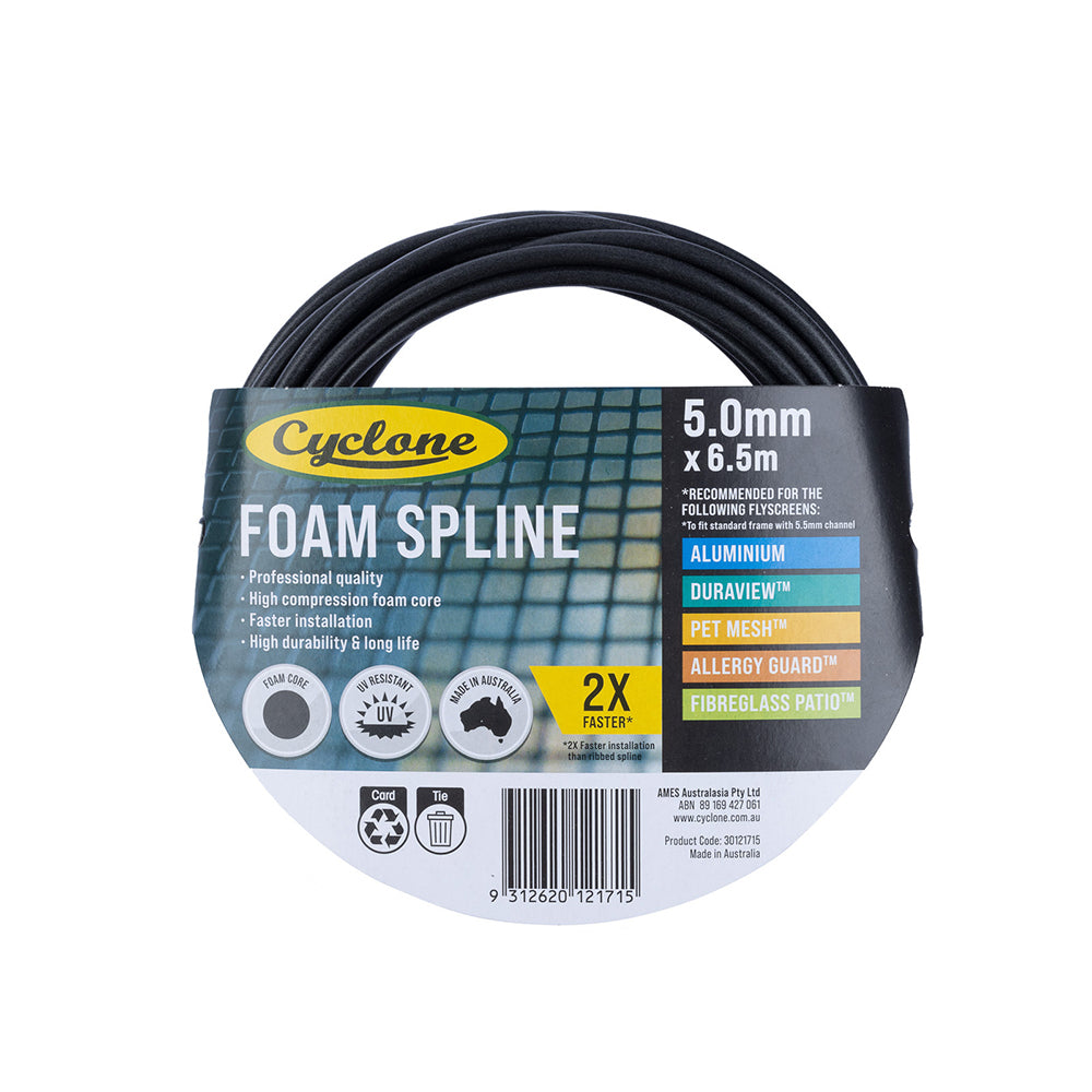 2PK Cyclone Pro Foam Spline 5mm x 6.5m For Fly Fly Screen Frame