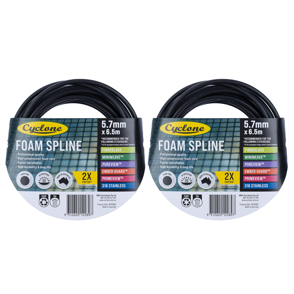 2PK Cyclone Pro Foam Spline 5.7mm x 6.5m For Fly Fly Screen Frame