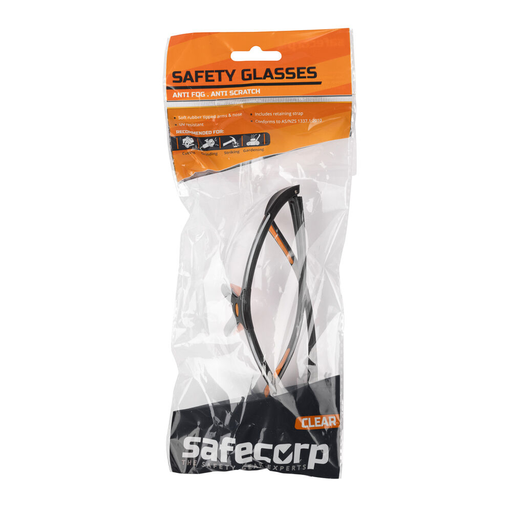 3PK Safecorp Clear PPE Safety Specs Glasses Anti Fog Anti Scratch Black/Orange