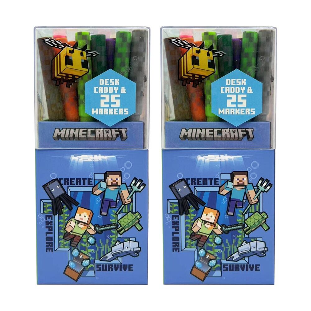 2PK Minecraft Theme Desk Caddy w/25 Colour Markers Kids Art/Craft Accessory