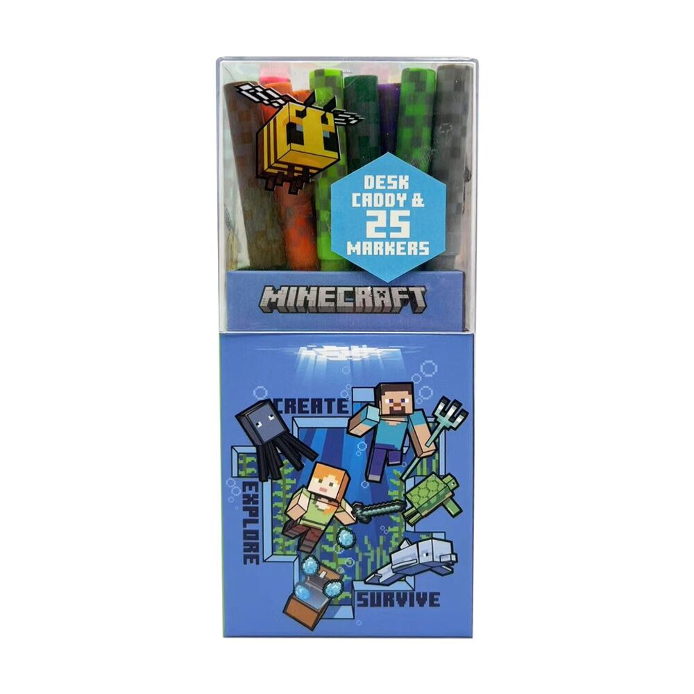 2PK Minecraft Theme Desk Caddy w/25 Colour Markers Kids Art/Craft Accessory