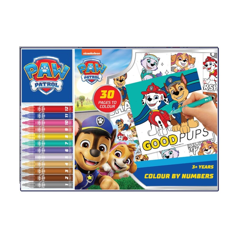 4PK Paw Patrol Colour by Numbers Kids Art Kit w/12 Markers 30 Colouring Pages 3y+