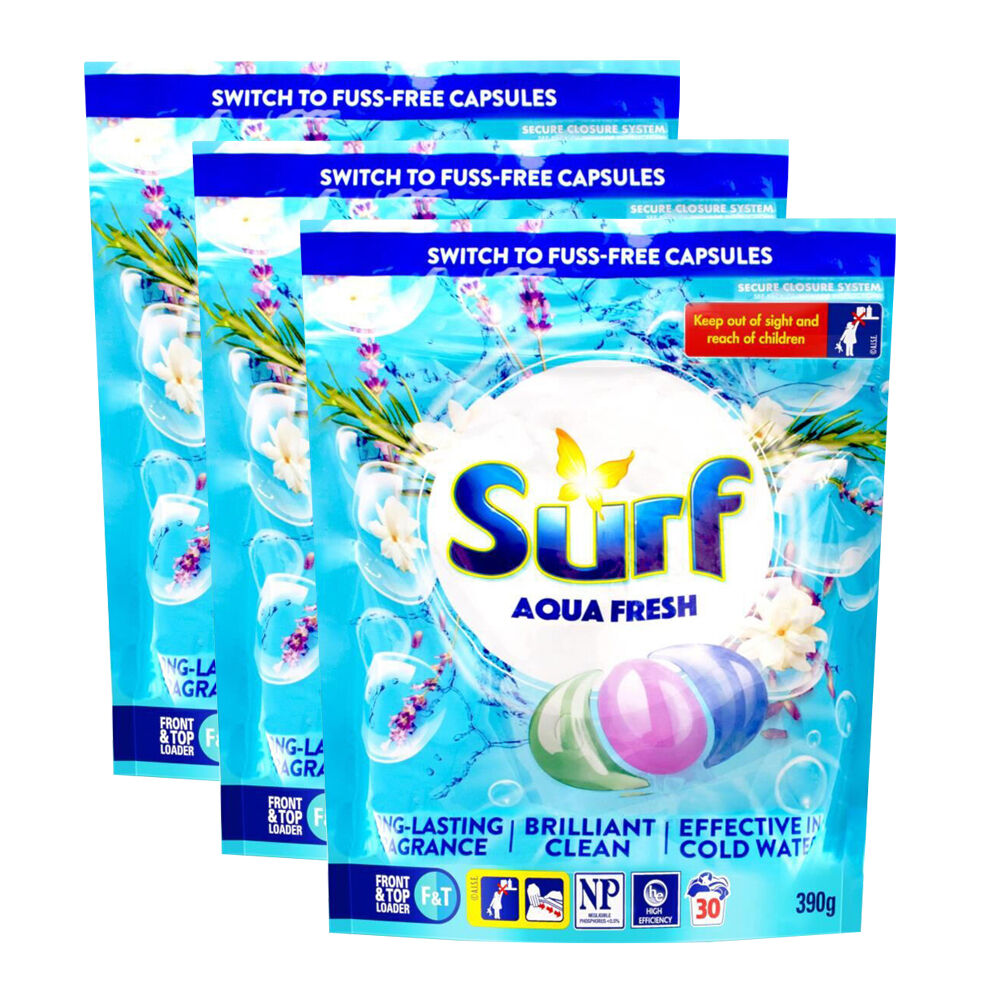 3x 30pc Surf Laundry Capsules Aqua Fresh Front & Top Loader 390g Stain Removal Pods