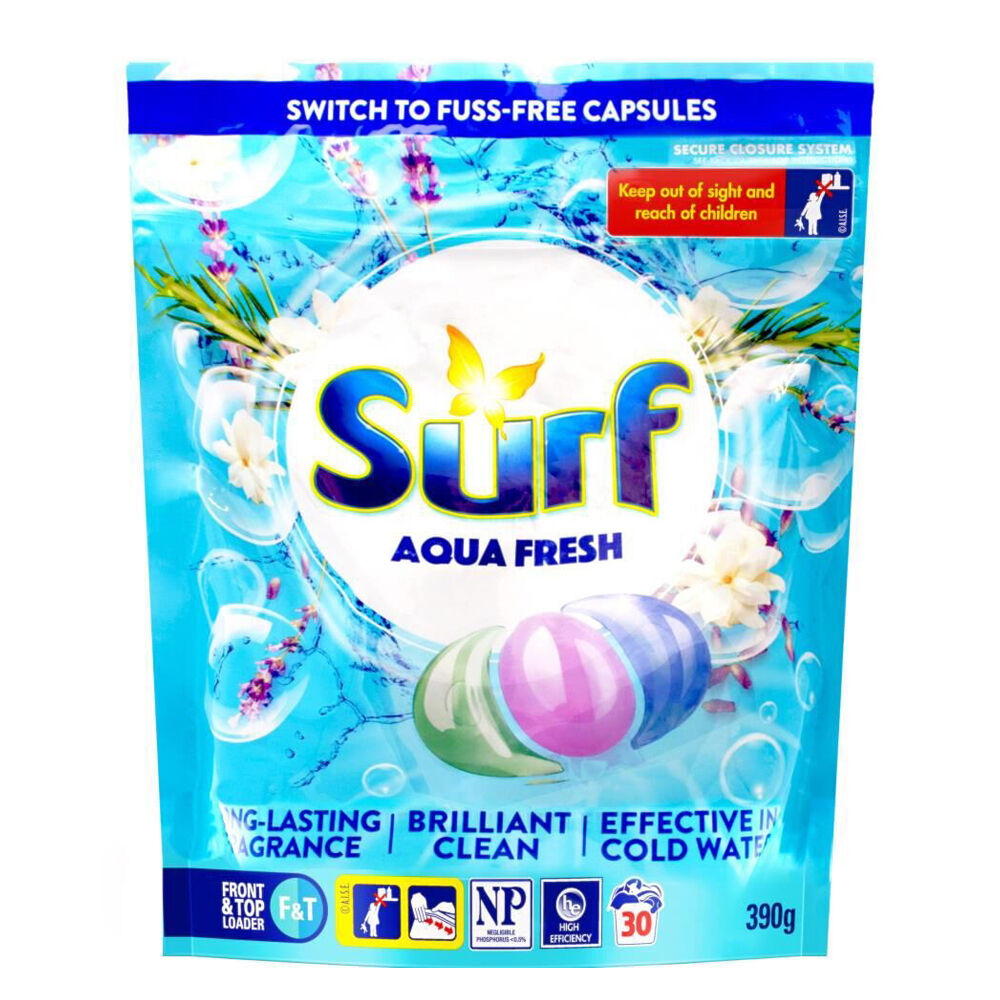 3x 30pc Surf Laundry Capsules Aqua Fresh Front & Top Loader 390g Stain Removal Pods