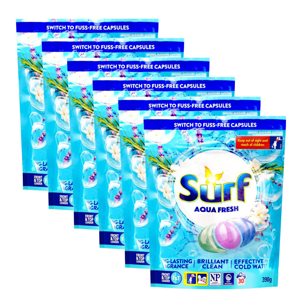 6x 30pc Surf Laundry Capsules Aqua Fresh Front & Top Loader 390g Stain Removal Pods
