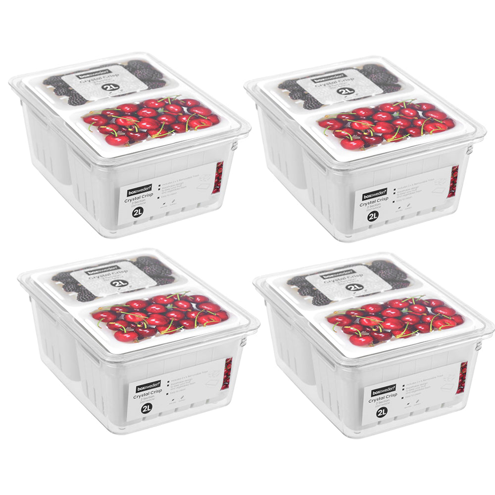4x Boxsweden Crystal 2L/22cm Crisp Bin 2-Section Storage - White