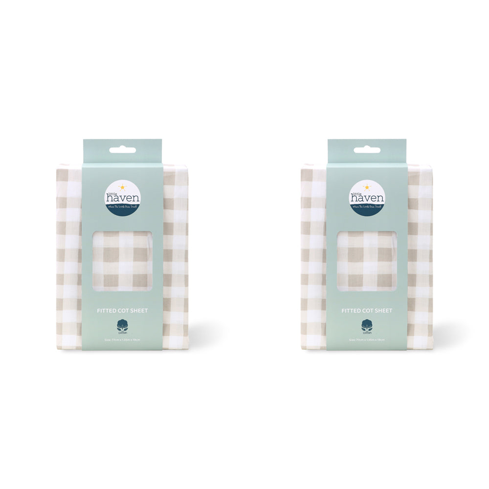 2PK Little Haven Cot Fitted Natural Check Baby Bedding Sheet 135cm