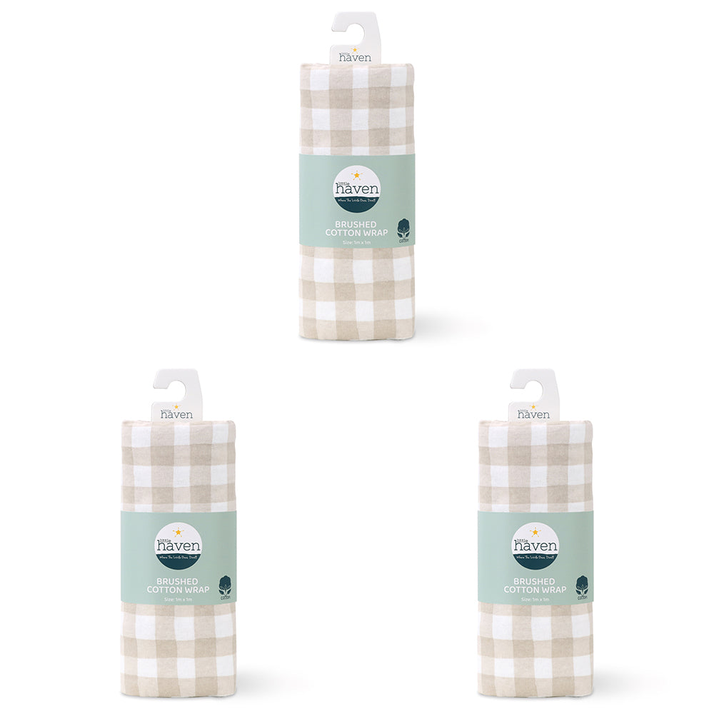 3PK Little Haven Brushed Cotton Natural Check Baby Wrap Blanket 100cm