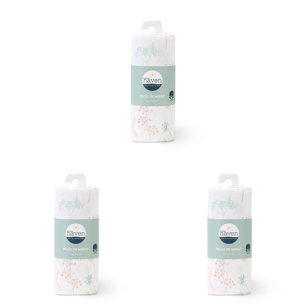 3PK Little Haven Muslin Wrap Wild Flower Baby Blanket 100cm