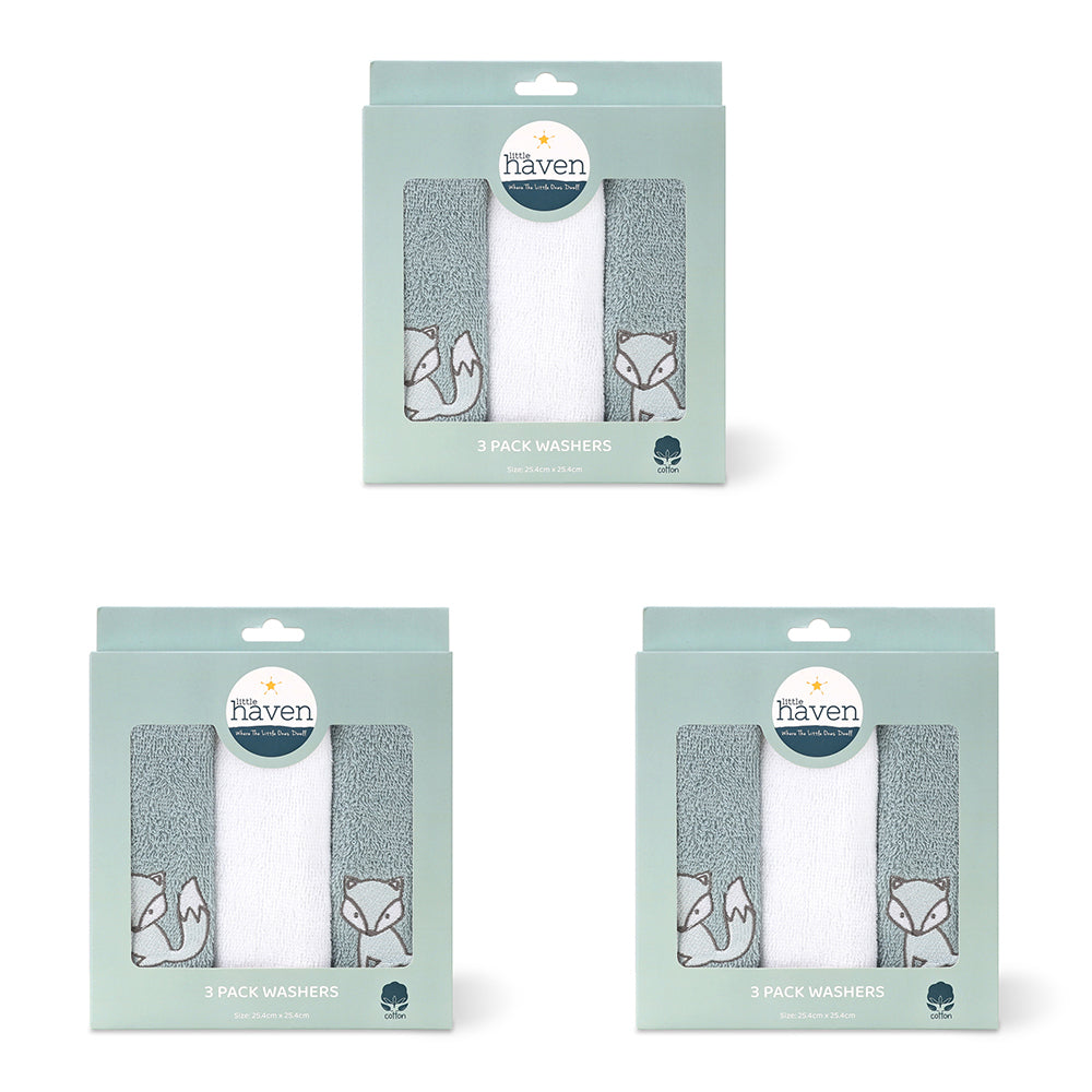 3x 3pc Little Haven Cotton Hooded Washers Woodland 25.5cm