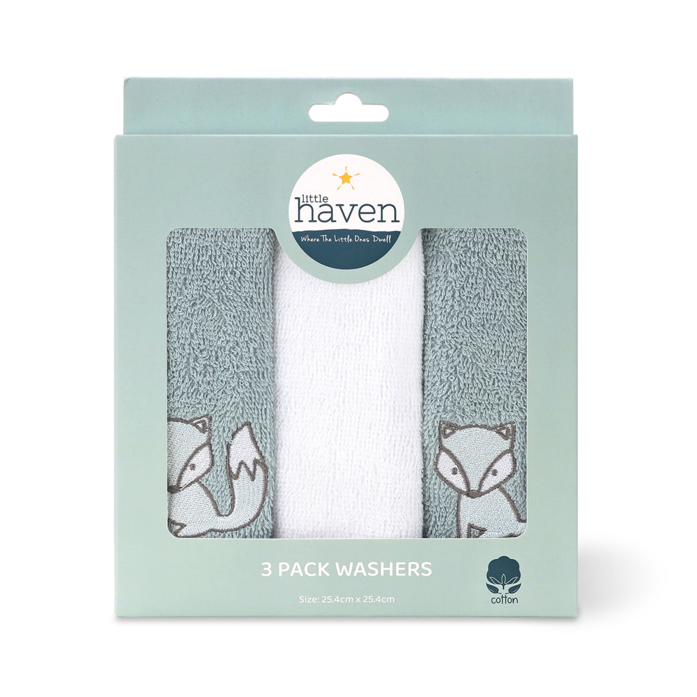3x 3pc Little Haven Cotton Hooded Washers Woodland 25.5cm