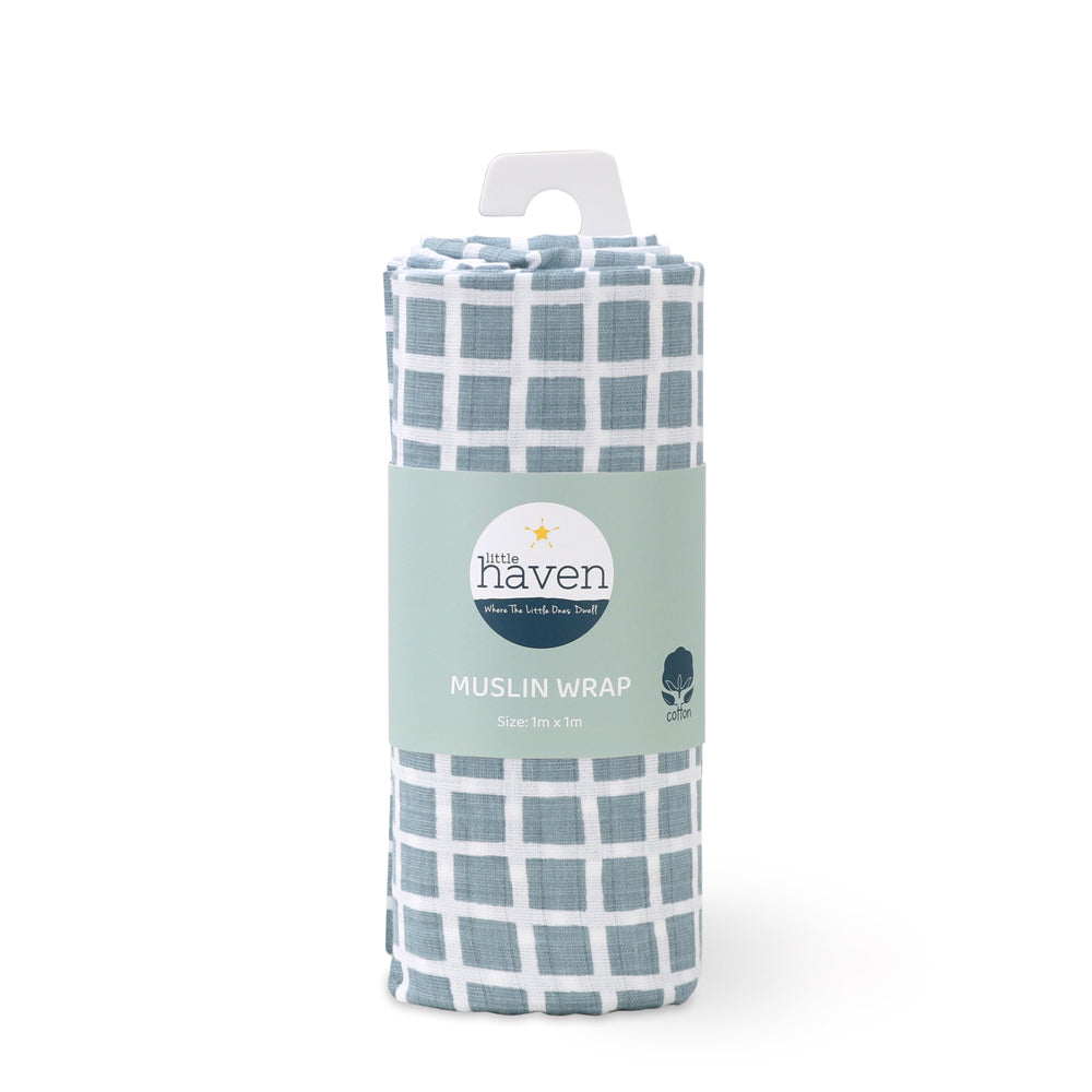 3PK Little Haven Muslin Wrap Blue Grid Baby Blanket 100cm